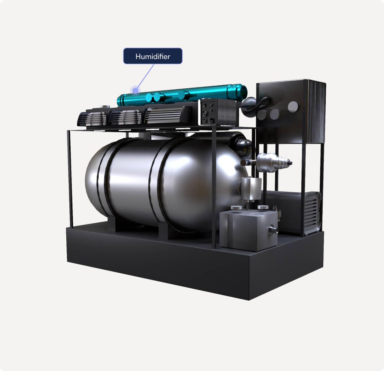 3D model of a machine in a Jig, with Humidifier highlighted and label tagged.