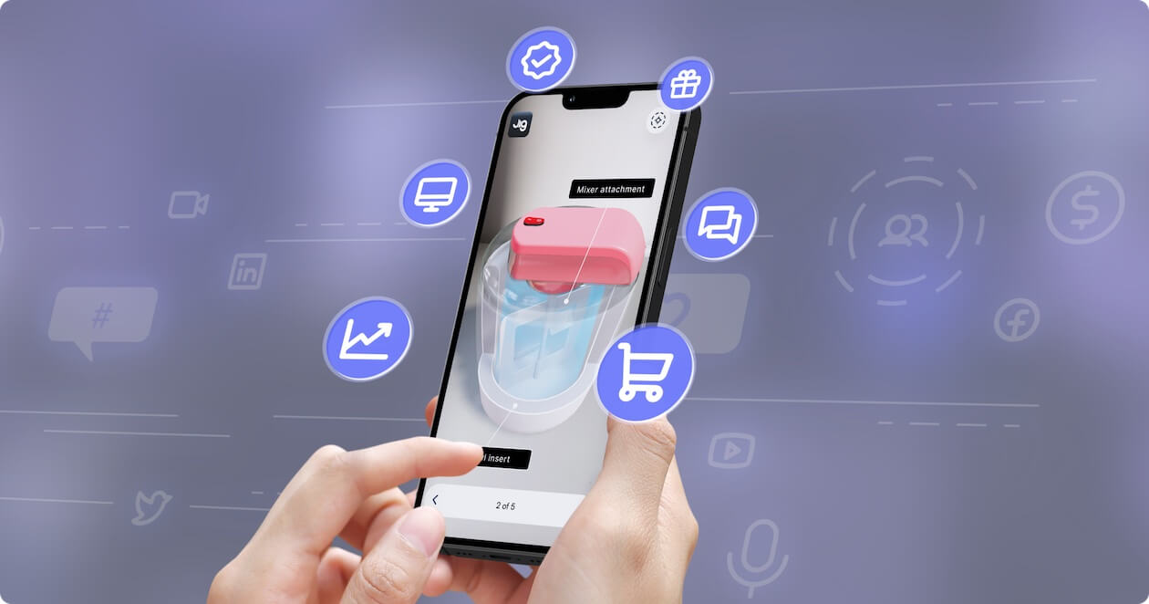 Viewing a Jig on an iPhone with floating icons representing benefits of augmented reality in marketing