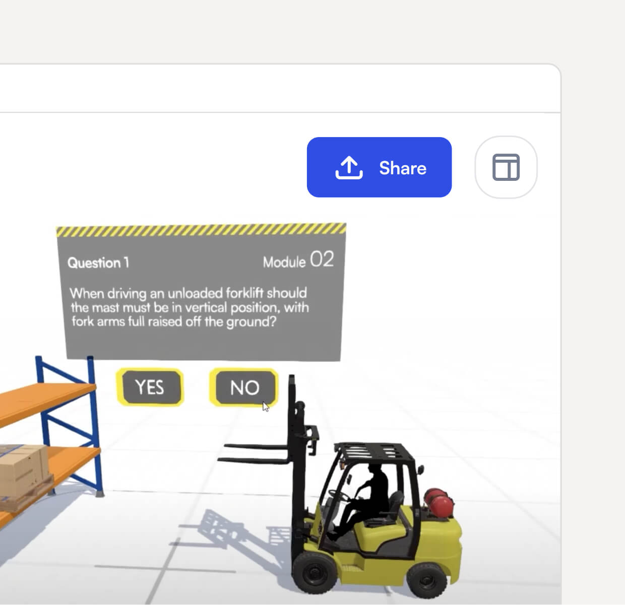 3D training content of forklift safety procedure with embedded quiz made in JigSpace