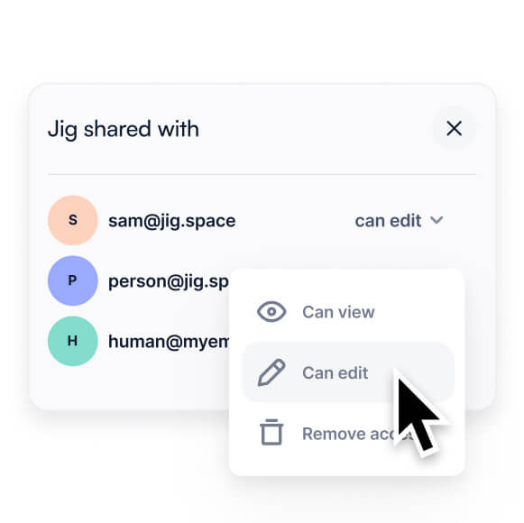 Managing who can access a presentation in JigSpace and edit and viewing permissions per user.