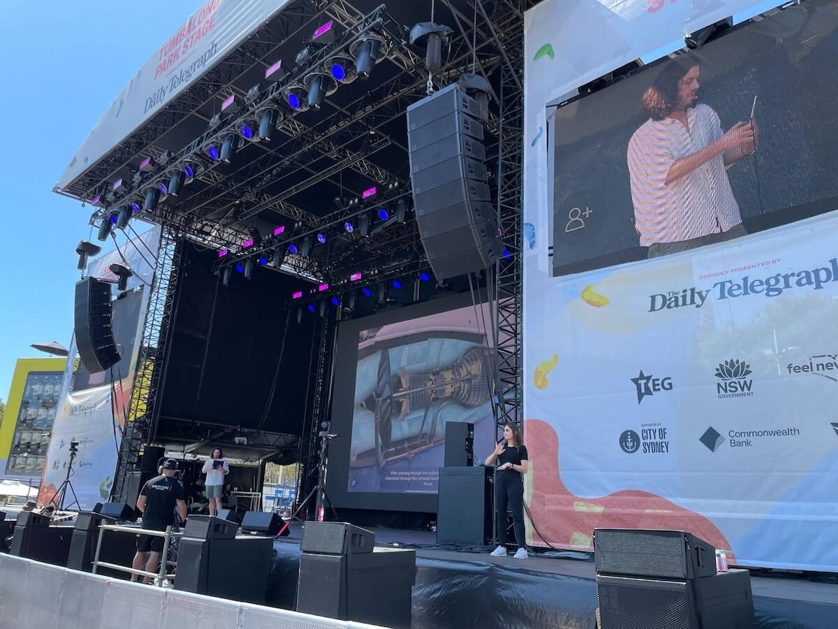 JigSpace CEO Zac Duff demonstrates augmented reality live on the SXSW Sydney Tumbalong Stage