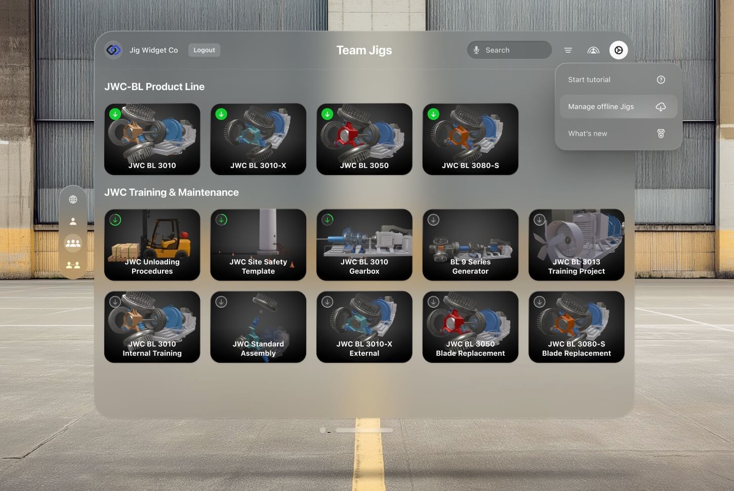 Image of JigSpace on Vision Pro with user downloading Jigs to view offline