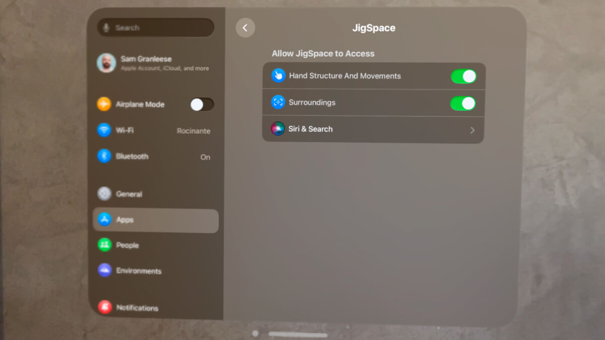 visionOS app settings with the correct permissions enabled for surroundings and hand tracking