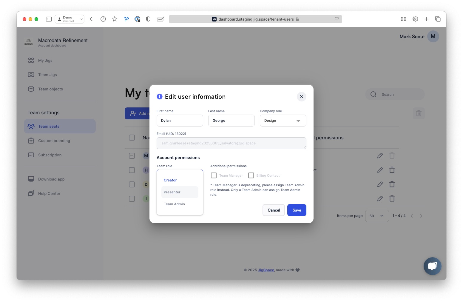 Editing team user permissions and information in JigSpace dashboard