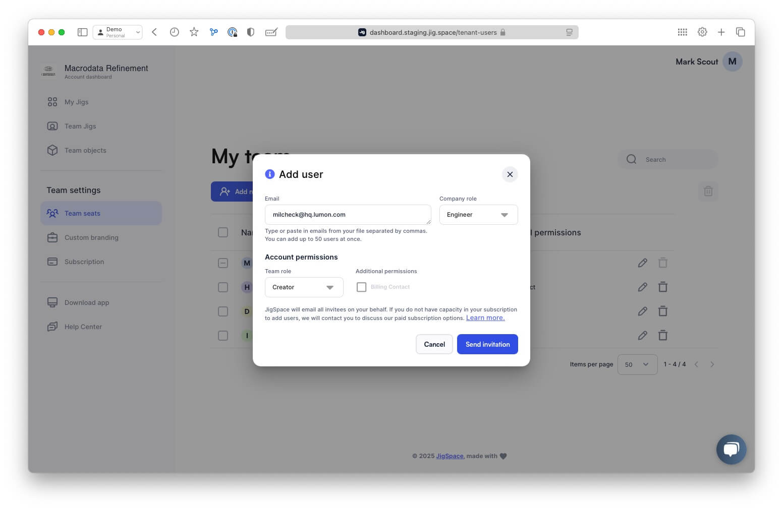Add a single user to Team Account in JigSpace Dashboard