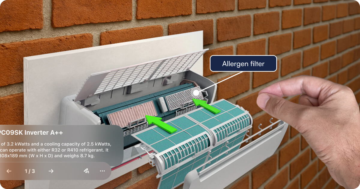 Airconditioner in augmented reality with hand moving virtual content overlayed on reality
