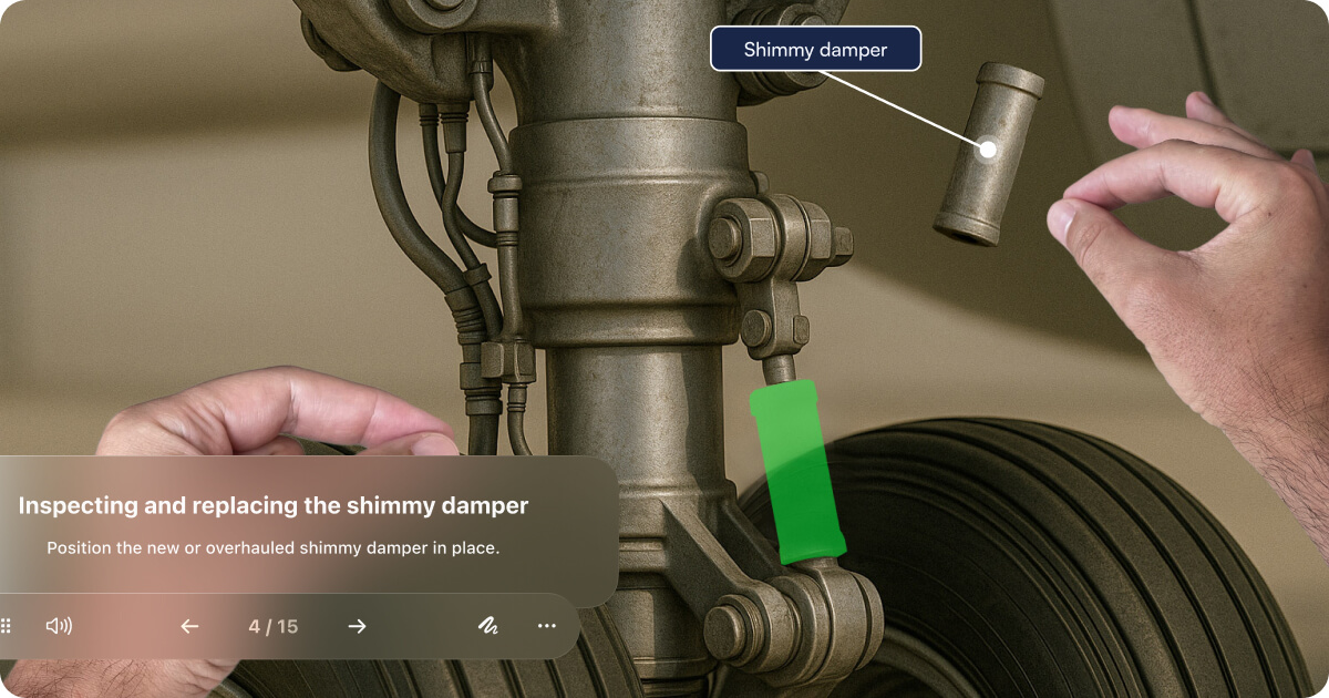 A maintenance trainee picks up and manipulates an virtual airline landing gear part as on Apple Vision Pro displayed through augmented reality.