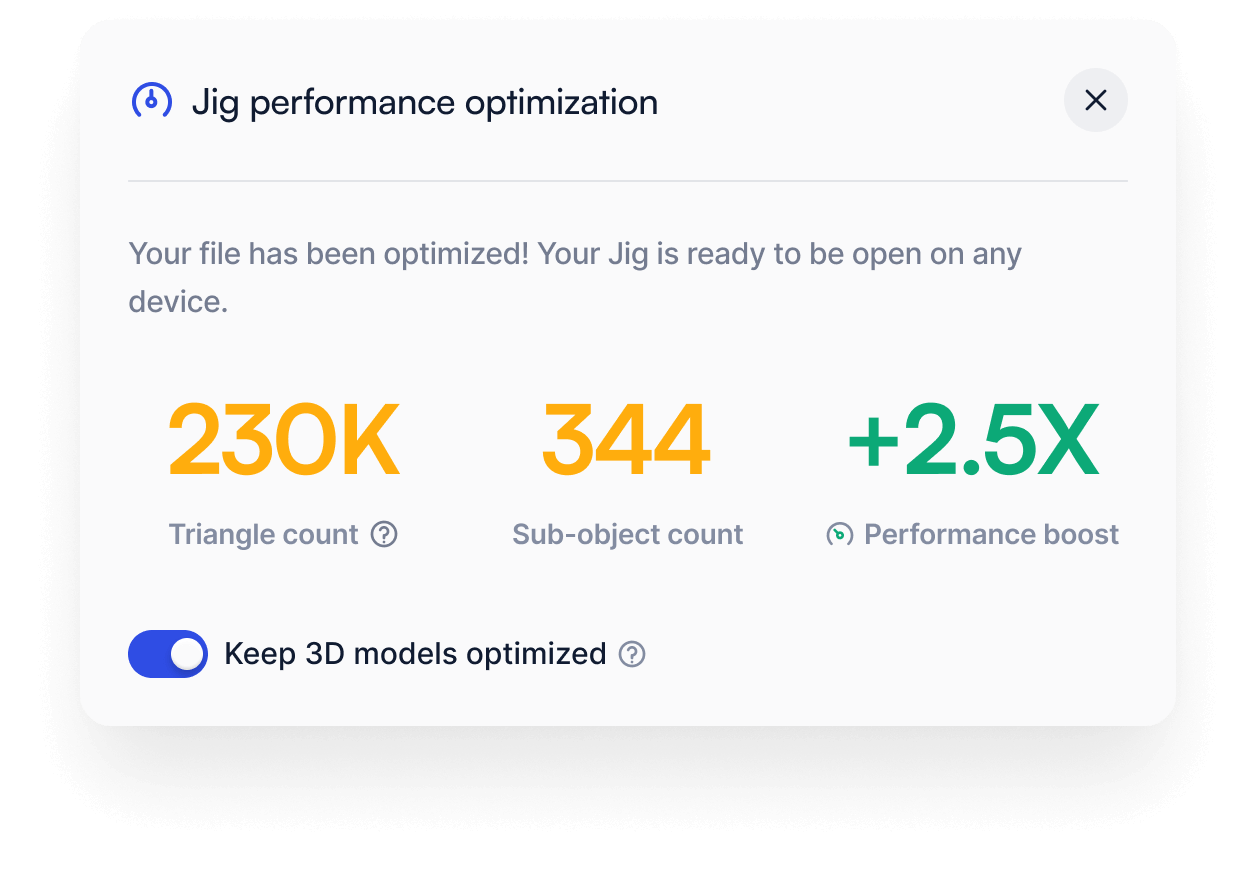 JigSpace editor performance panel with automatic optimization turned on