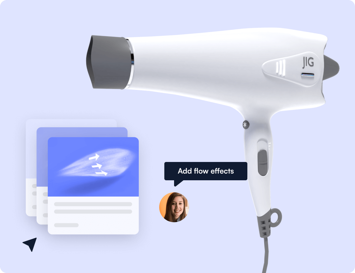 Hair dryer Jig with a comment asking "Add flow effects".