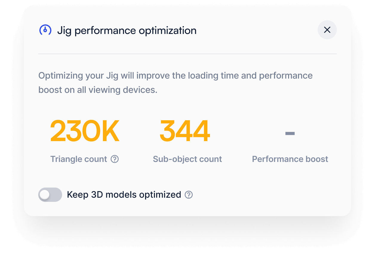JigSpace editor performance panel exceeding recommended polygons and object counts