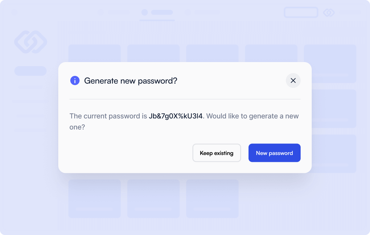 Sharing panel with popup asking user if they want to use a new password.