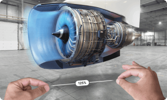 A jet engine in augmented reality on JigSpace for apple vision pro being resized by two hands