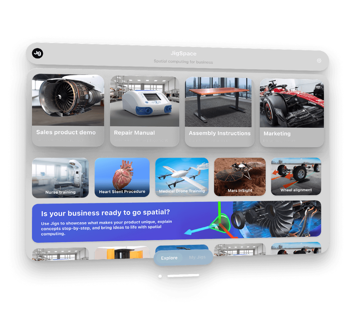 Example of sample 3D presentations on JigSpace app for Apple Vision Pro
