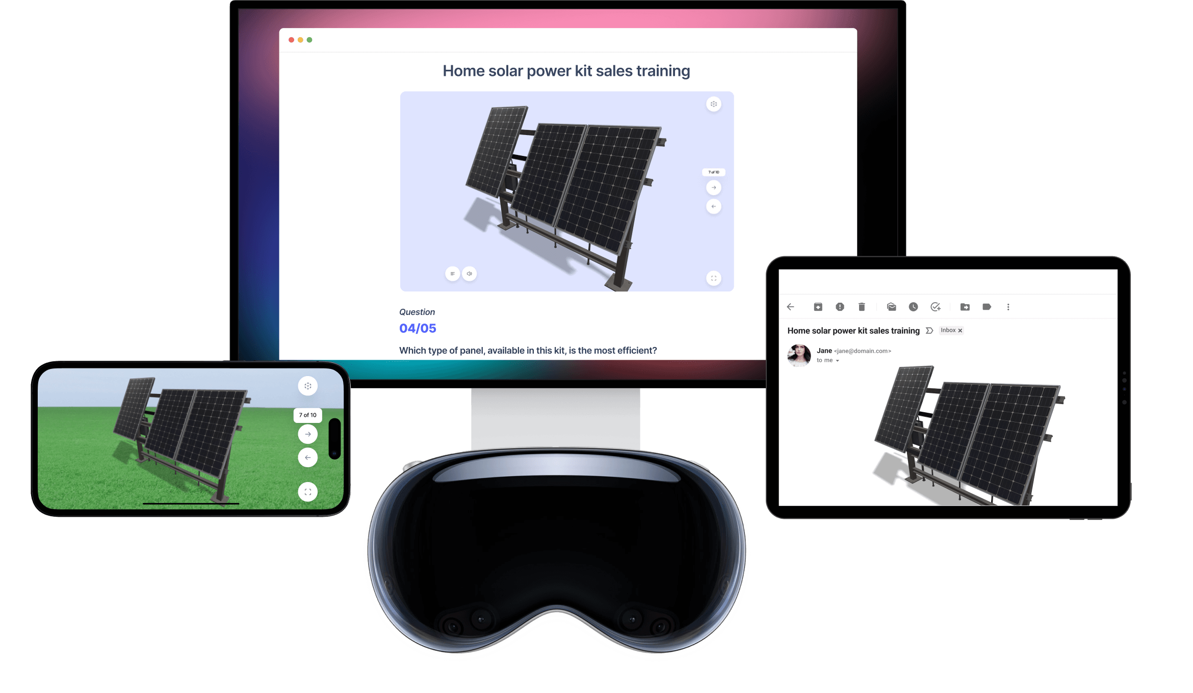 Solar power kit JigSpace 3D presented in different devices from iPad, Desktop, and Vision Pro.
