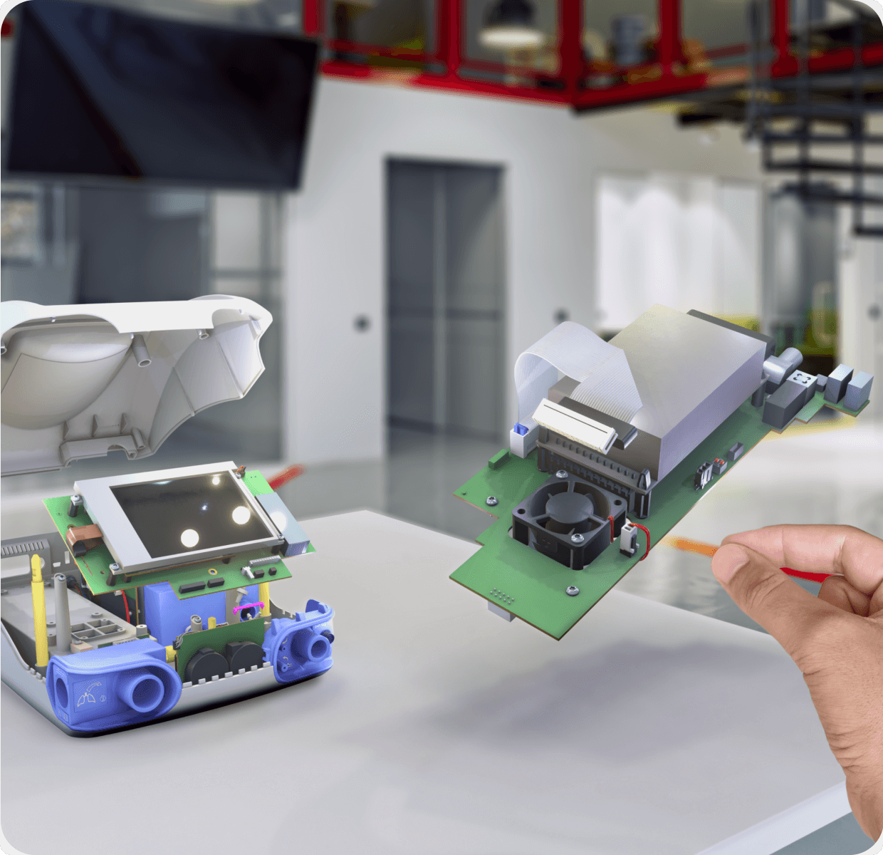Medical device being pulled apart by hands in augmented reality with jigspace for apple vision pro