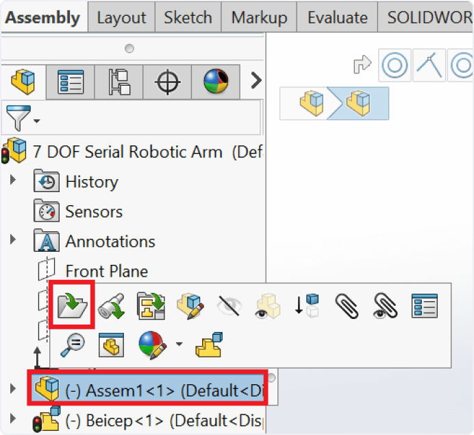 Right clicking to open sub-assemblies in SolidWorks into the general assembly