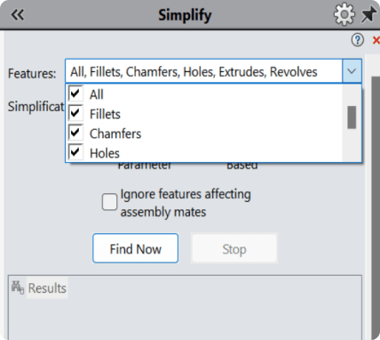Simplify tool in SolidWorks with features selected