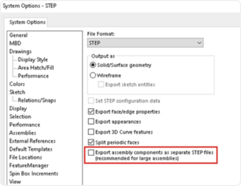 SolidWorks System Options for STEP files when exporting