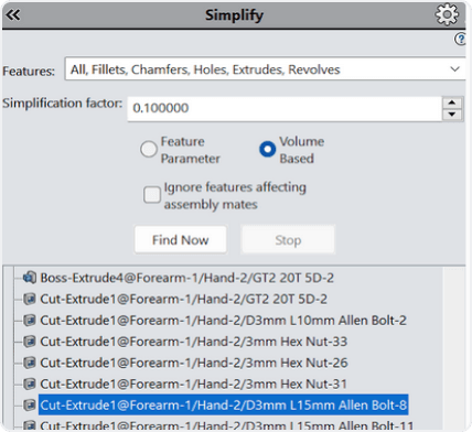 Selecting volume based simplication in SolidWorks simplify tool