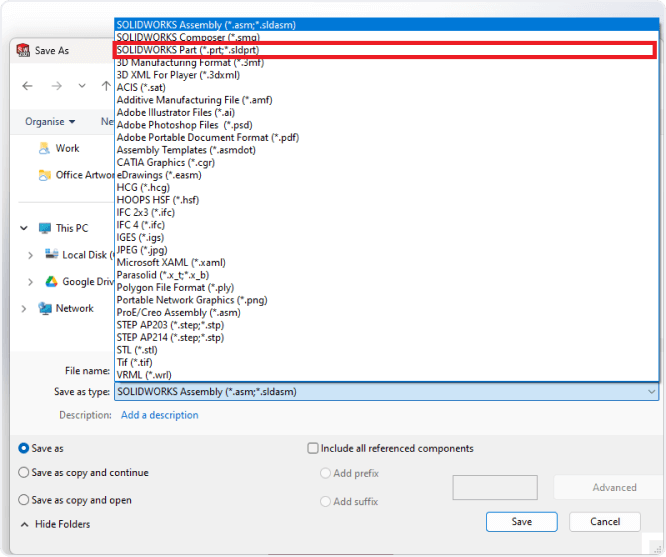 Select SolidWorks Part (.sldprt) file type when saving as