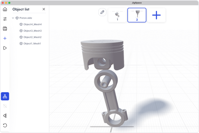 JigSpace editor showing a simple SolidWorks assembly after being imported