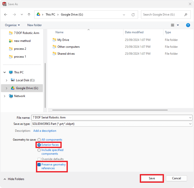 Selecting geometry to save exterior faces and preserve geometry references when saving as from SolidWorks