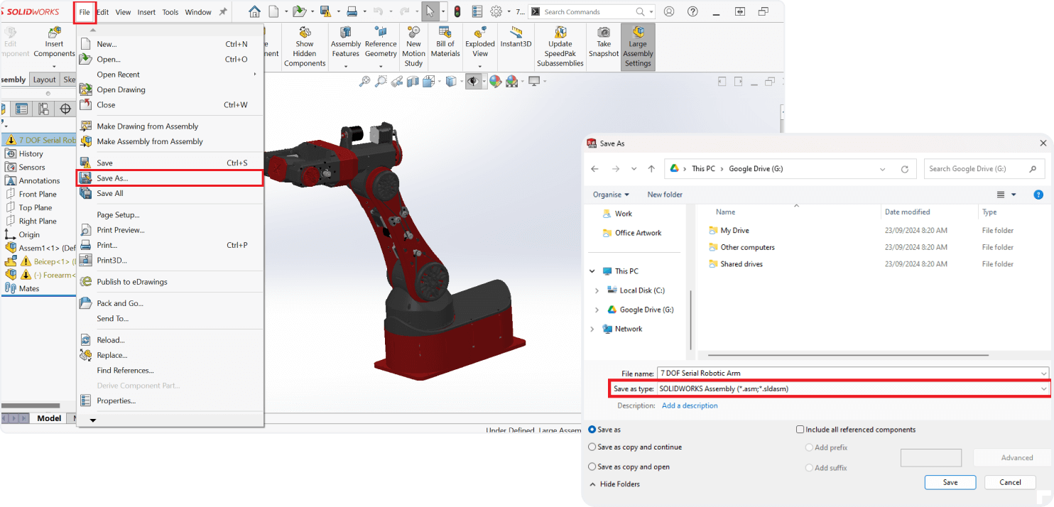 Selecting save as and save as type in SolidWorks