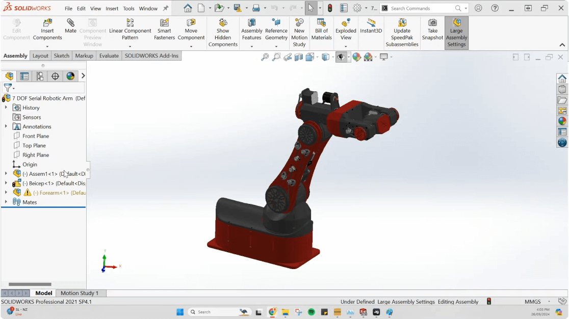 SolidWorks general assembly view of CAD model of robotic arm