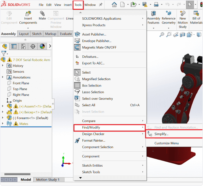 Selecting the Simplify Tool in SolidWork from the Tools section in the main navigation