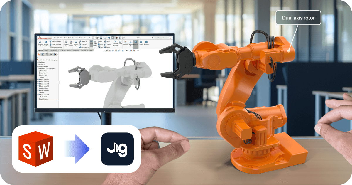 Stylised 3D model of a robot arm in augmented reality next to SolidWorks design tool