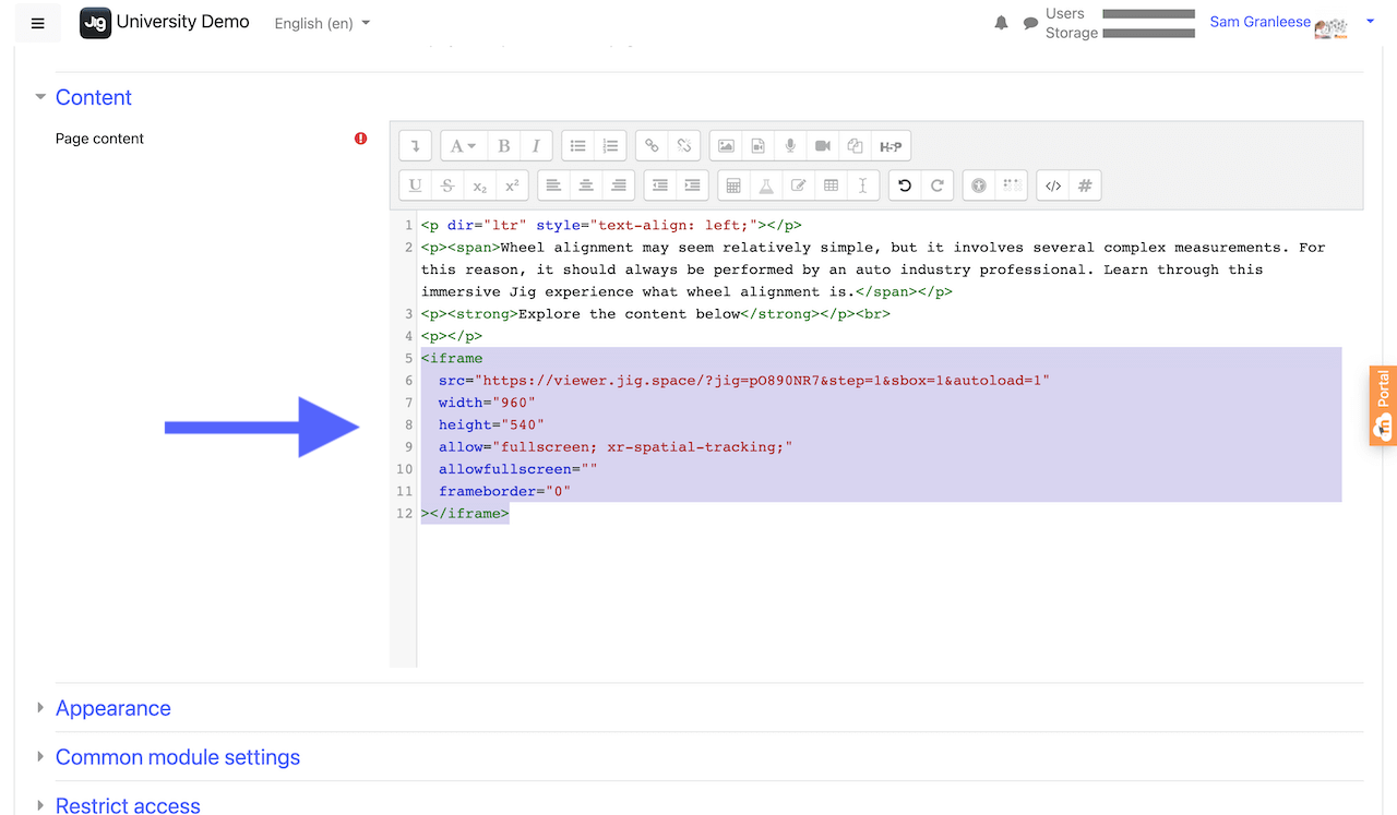 Pasting HTML code of JigSpace 3D model iframe inside the Moodle course content editor