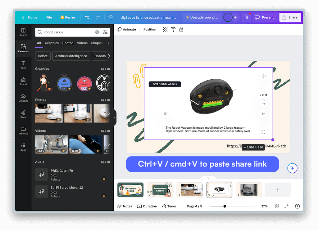 Embedding 3d content from JigSpace in a Canva presentation slide
